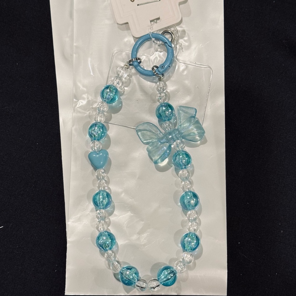 BAG CHARM Blue Beaded Phone Charm Bow & Heart Aesthetic Lanyard - Picture 7 of 8